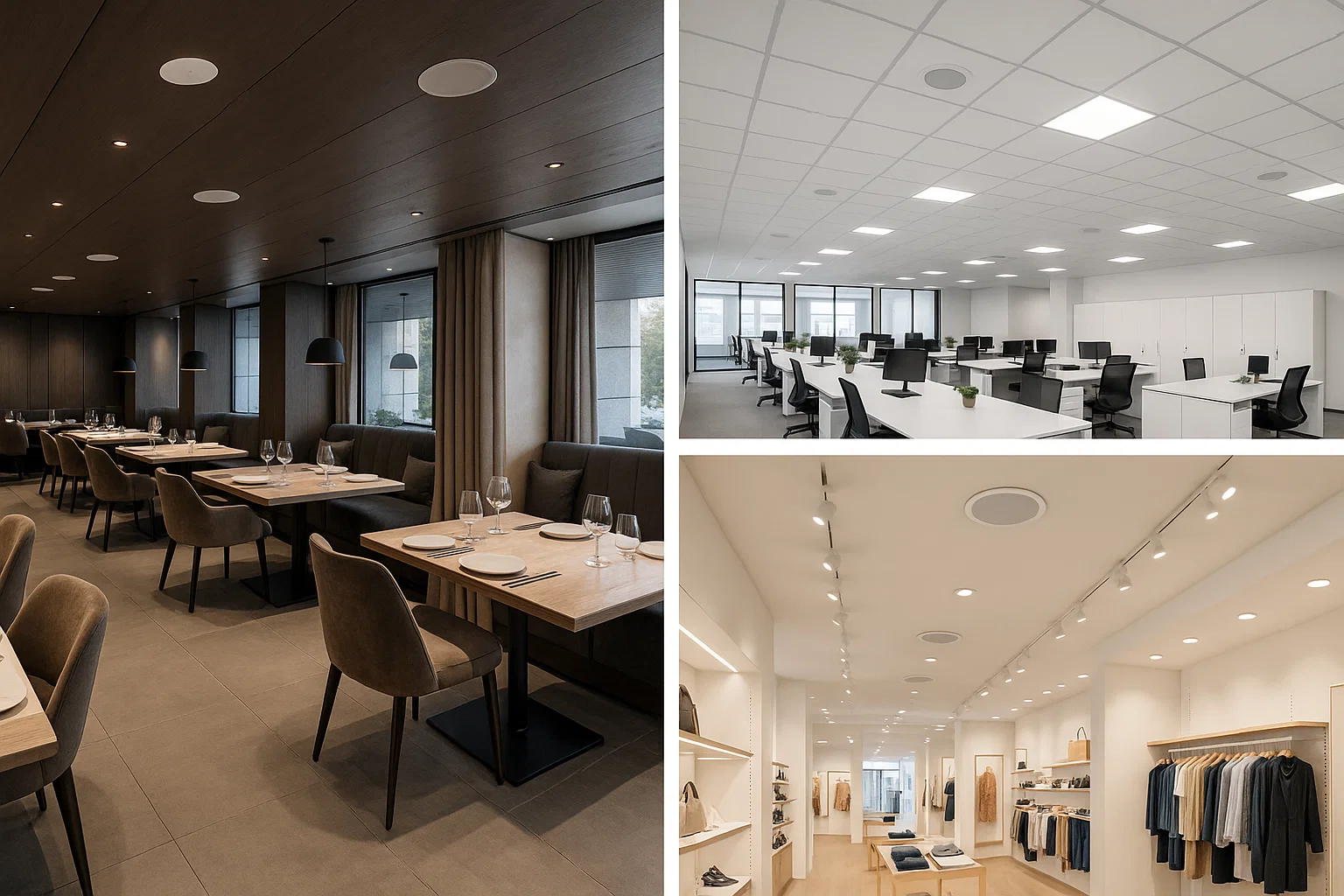 Ceiling speaker solutions for commercial spaces including restaurants, offices, and retail stores