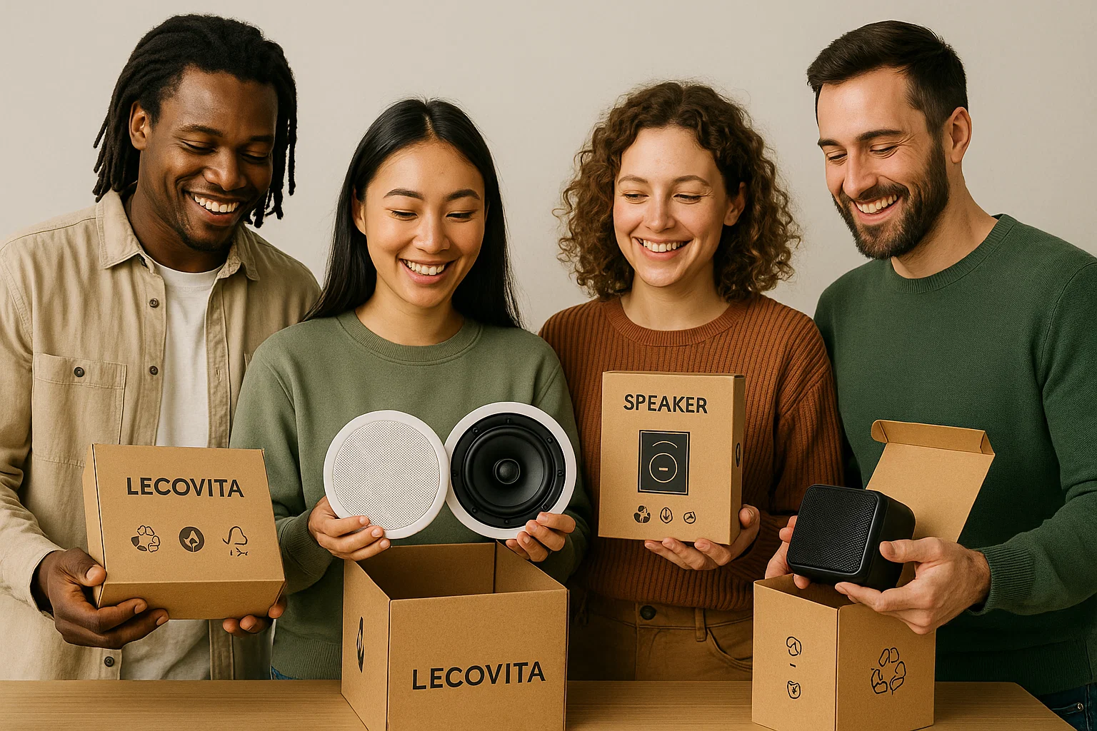 assets_task_01k1fpmca9fv6agc2373fhxsdx_1753947561_img_0 Gen Z consumers unboxing speakers in eco-friendly packaging, showing trust in sustainable audio brands.