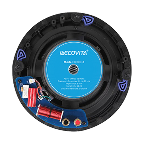 RISD-6 In-Ceiling Speaker Rear View showing High-Performance Magnet System and Gold-Plated Push Terminals for Reliable Audio Connection