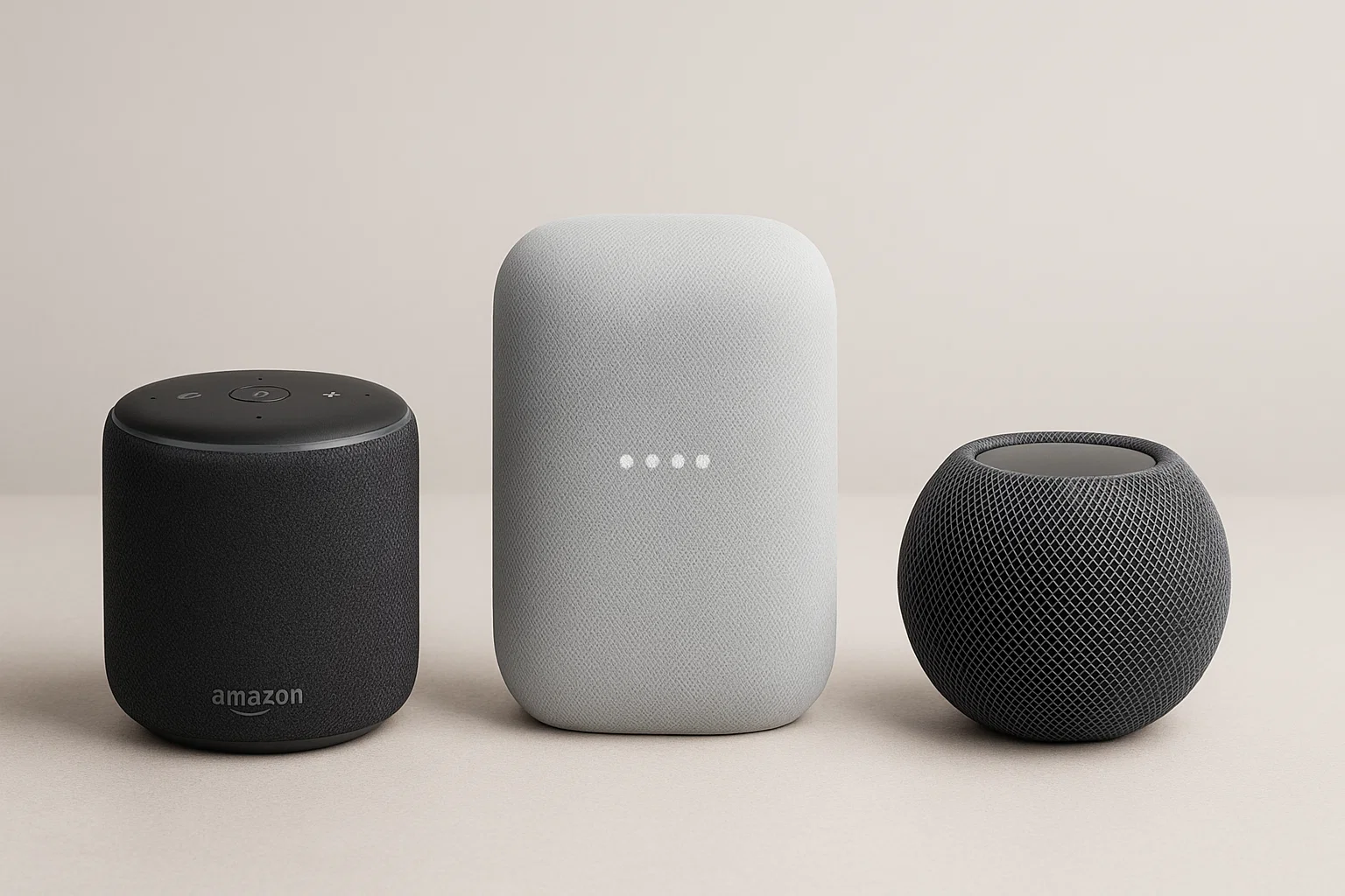 Comparison of popular smart speakers for home use: Amazon Echo, Google Nest, and Apple HomePod Mini.
