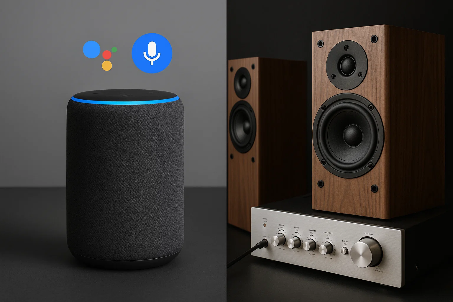 Smart speaker versus traditional speakers comparison, showing functionality and design differences.
