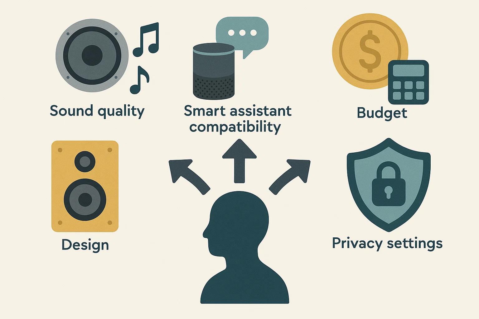 Smart speaker buying guide factors: sound, assistant, budget, design, and privacy.