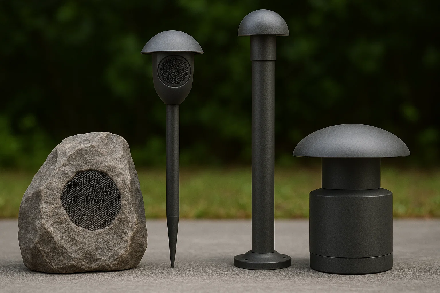 Rock, spike, bollard, and in-ground garden speaker types
