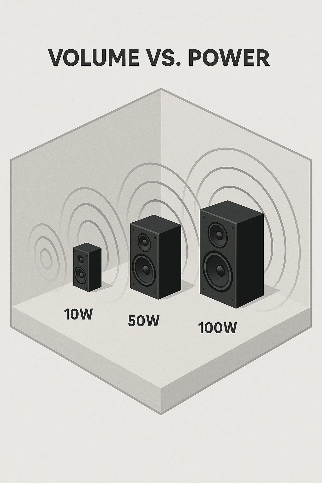 Chart showing how different wattages (10W, 50W, 100W) affect speaker volume in the same space