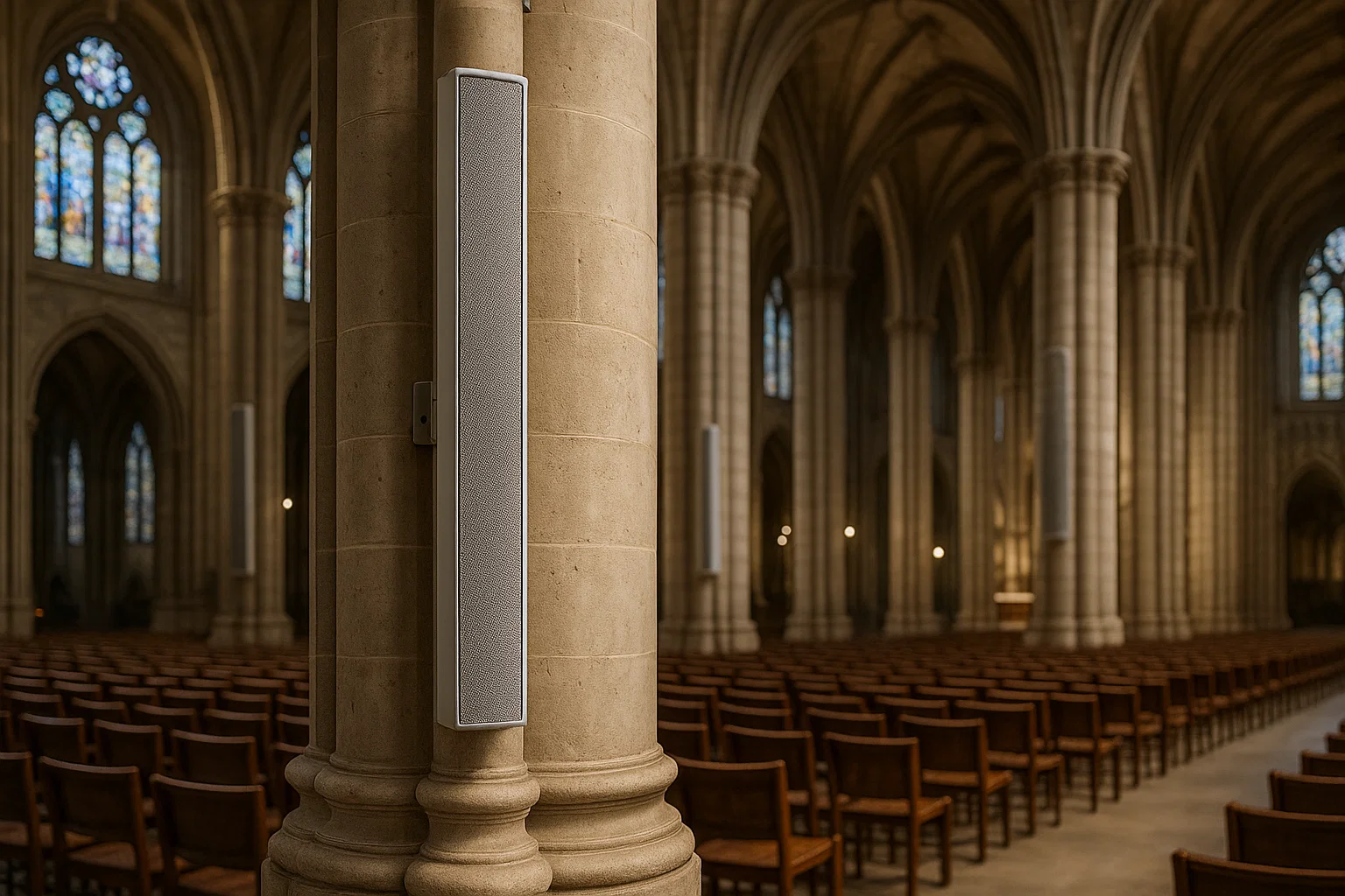 Column speakers installed in church for clear speech reinforcement