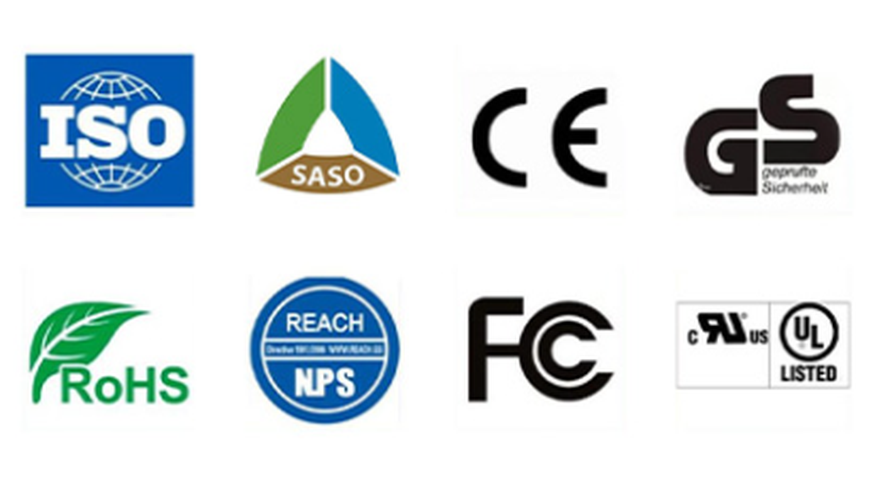 certification_logos_highres LECOVITA OEM ODM speaker product certification logos including ISO, CE, FCC, RoHS, SAA, SASO for global compliance