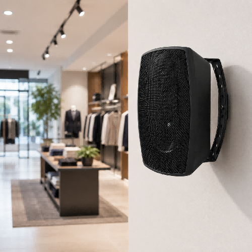 ECOVITA WMSD commercial wall mount speaker installed flush on a modern cloth store hallway wall for background music and voice paging