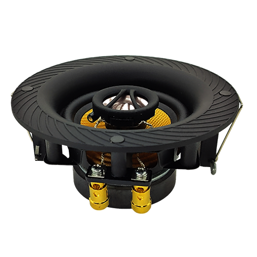 Side profile of LECOVITA RISC-3 architectural speaker showing the phase-aligned 2-way miniature crossover network and heavy-duty tool-free spring installation clips.