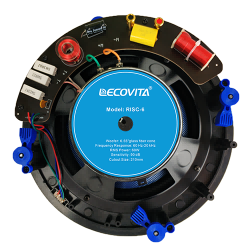 Rear view of LECOVITA RISC humidity-resistant kitchen ceiling speaker showing the protective conformal coated crossover network preventing moisture oxidation.