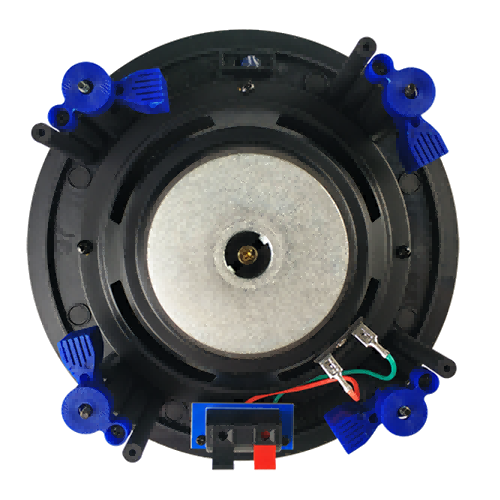 Rear engineering view of LECOVITA RISC-L value series home audio speaker showing PP cone and fast-clamping dog legs