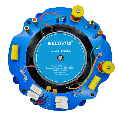 Rear audio engineering view of LECOVITA RISC-Stereo ceiling speaker highlighting the dual voice coil (DVC) inputs and independent left/right crossover networks.
