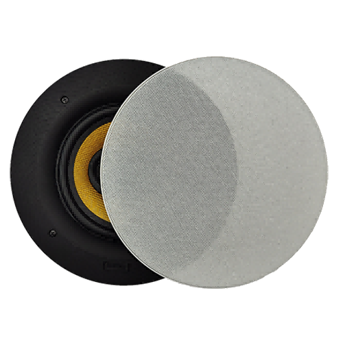Flush-mount profile of LECOVITA RISC-Stereo moisture-resistant ceiling speaker with a paintable paint-ready trimless magnetic micro-mesh grille for kitchens and bathrooms.