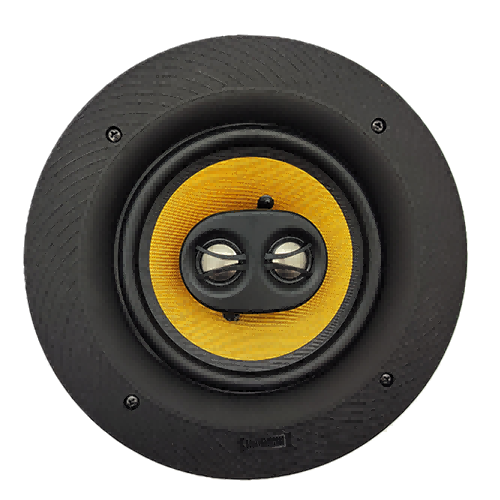 LECOVITA RISC-Stereo single-point architectural in-ceiling speaker front view featuring dual pivoting silk dome tweeters and a glass fiber cone woofer.