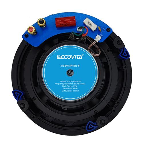 Rear engineering profile of LECOVITA RISE essential speaker showcasing its moisture-resistant cone assembly and fast-clamping rotating dog-legs