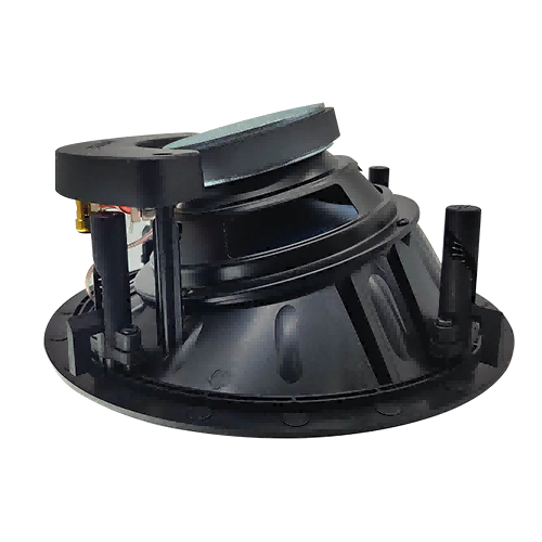Side profile of LECOVITA RISF-I in-ceiling LCR speaker demonstrating the unique 15-degree tilted baffle array engineered for directional sound dispersion in home cinemas.