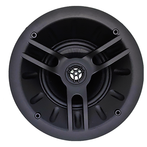 LECOVITA RISF-I angled in-ceiling home theater speaker front view featuring a 6.5 inch woven Kevlar cone woofer and center-mounted pivoting silk dome tweeter.
