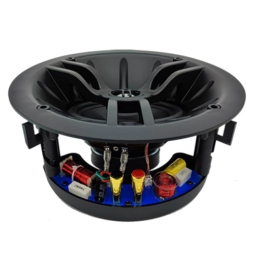 Rear view of LECOVITA RISF-I directional ceiling speaker highlighting the heavy-duty components, high-end crossover network, and color-coded spring terminal binding posts.