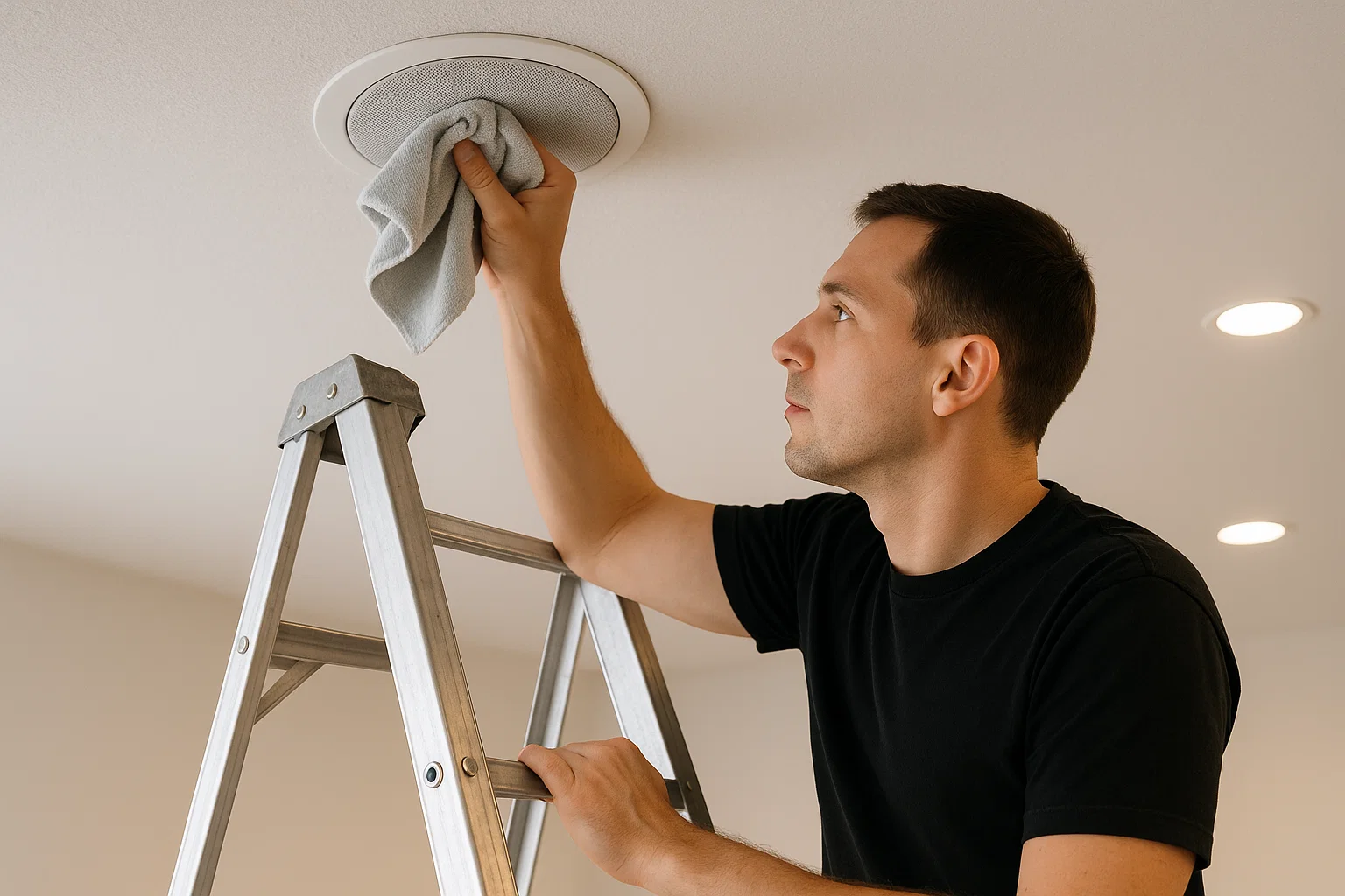 Routine ceiling speaker maintenance with dust cleaning