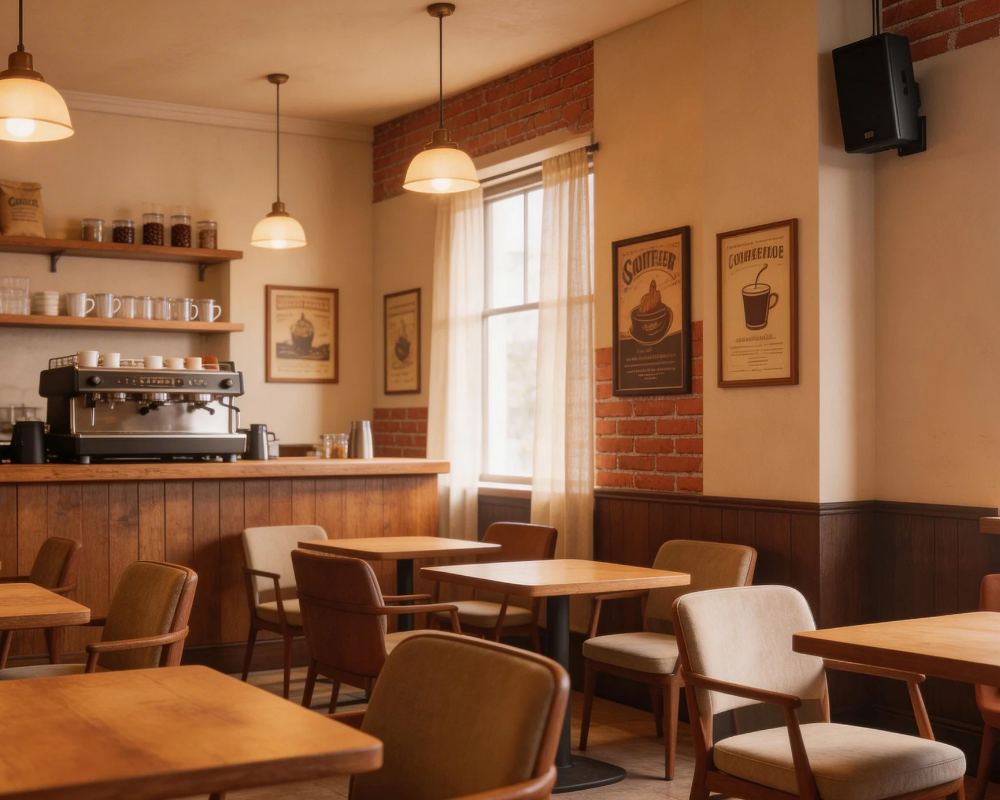 70V 100V commercial ceiling speaker installation in a coffee bar