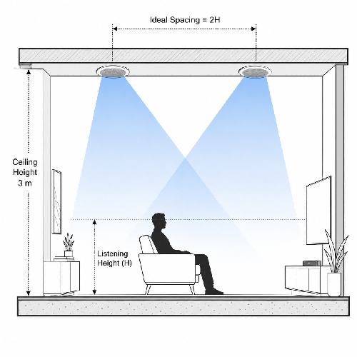 Architectural diagram showing how to calculate the ideal spacing between in-ceiling speakers based on ceiling height and sound dispersion angles.