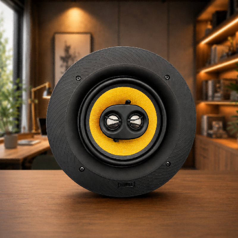 Close-up of a LECOVITA frameless in-ceiling speaker featuring a woven fiberglass woofer cone installed in a modern minimalist living room.