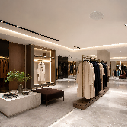 An invisible in-ceiling speaker seamlessly integrated into the ceiling of a high-end luxury retail boutique to provide premium background music.
