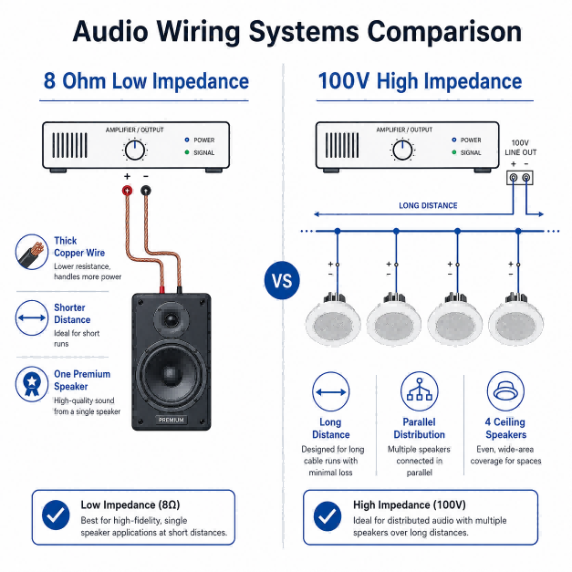 Infographic explaining the difference between 8 Ohm Low-Impedance wiring for Hi-Fi and 100V High-Impedance wiring for commercial audio installations.