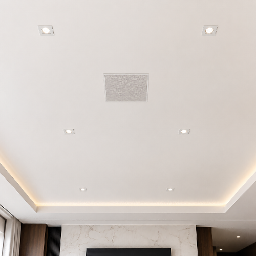 luxury interior design photo displaying a square micro-bezel ceiling speaker aligned perfectly within a modern minimalist recessed LED lighting layout.
