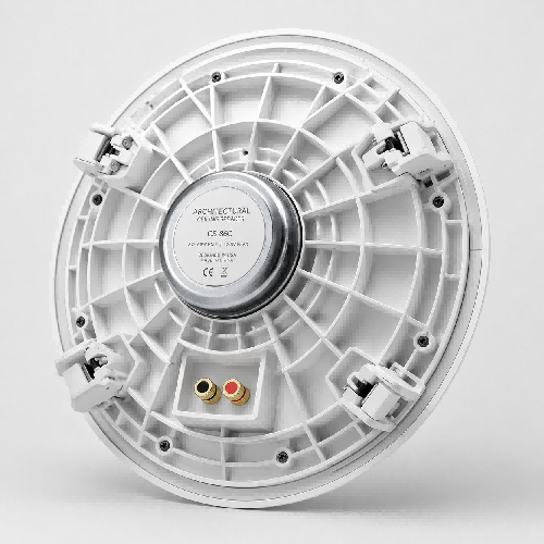 1:1 engineering illustration showcasing the rear structural ribbing networks on an injection-molded architectural speaker chassis designed to eliminate frame warping.