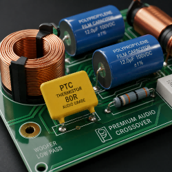 1:1 technical close-up of an architectural speaker crossover board highlighting the integrated PTC thermal protection elements and premium film capacitors.