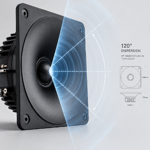 technical product rendering showing the geometry of an architectural speaker's acoustic waveguide used to optimize high-frequency dispersion.