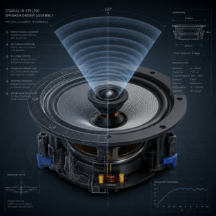 engineering diagram illustrating the concentric alignment of a coaxial speaker driver forming a unified acoustic point-source for phase-aligned dispersion.