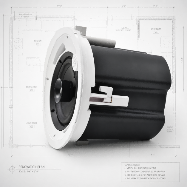a commercial ceiling speaker, focusing on the integrated multi-tap transformer and wattage selection switch.