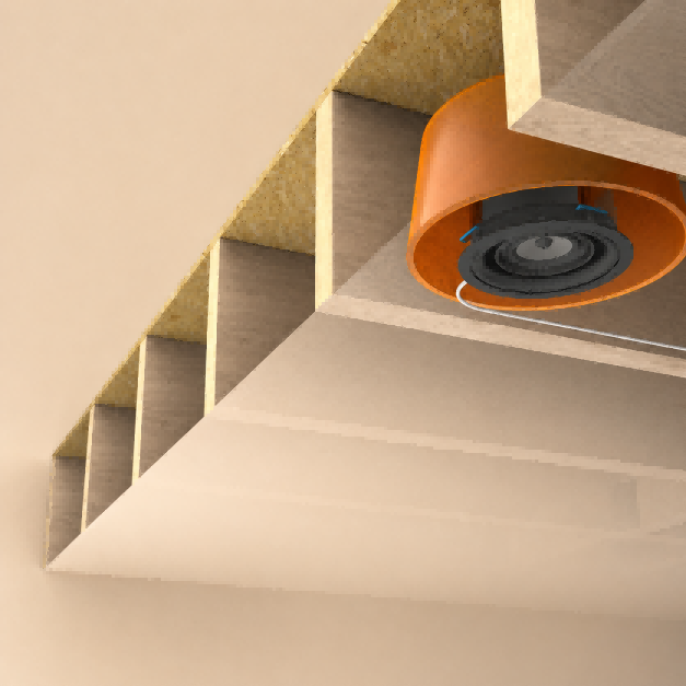 architectural cutaway rendering demonstrating an in-ceiling speaker enclosed in a fire-rated steel back box to block sound bleeding and meet safety codes.
