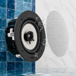 a waterproof architectural speaker demonstrating water-repellent woven fiberglass cone technology for marine and spa installations.