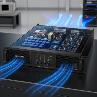 1:1 technical product rendering showcasing the internal layout and optimized active airflow paths of a cool-running multi-zone Class-D amplifier.