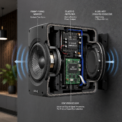technical product cutaway illustrating the internal structure of an active wall-mount speaker with integrated Class-D amplifiers, DSP, and passive radiators.