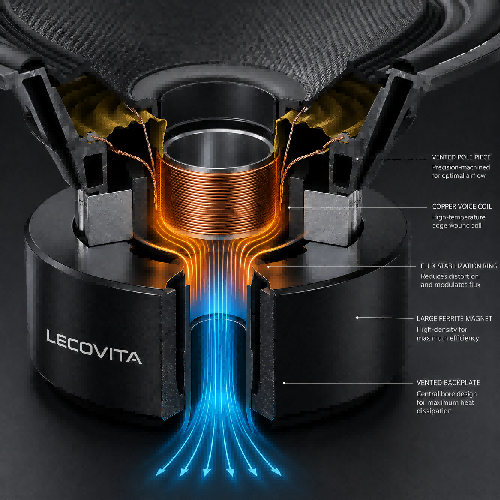 technical cutaway illustration showing the internal structure of an architectural speaker motor, focusing on the central pole vent and anodized backplate designed to stop power compression.