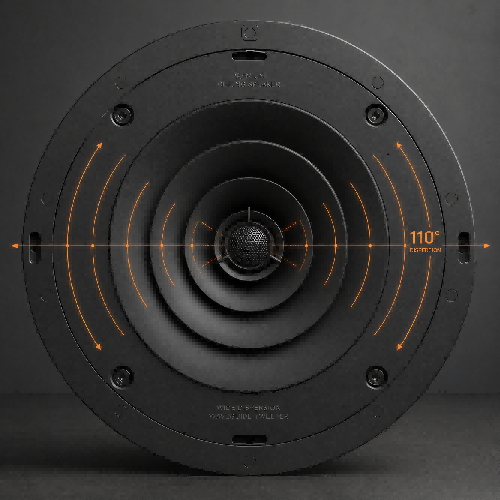 engineering illustration showcasing the tiered flare mechanics of a multi-angle speaker waveguide designed to uniformize off-axis high-frequency response.