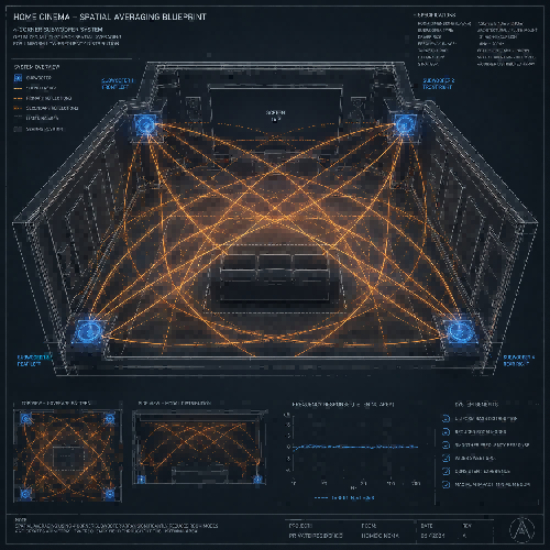 engineering blueprint visualization of a multi-source subwoofer array matrix strategically placed in corners to average out low-frequency room modes across a home theater.