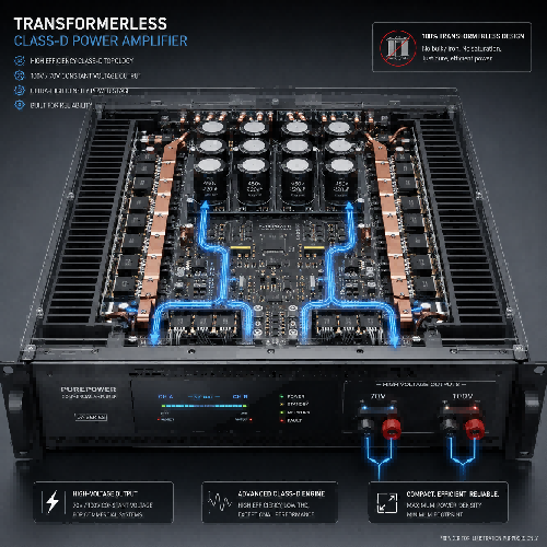 technical illustration showcasing the internal Class-D circuit layout of a transformerless 70V/100V commercial audio distribution amplifier.