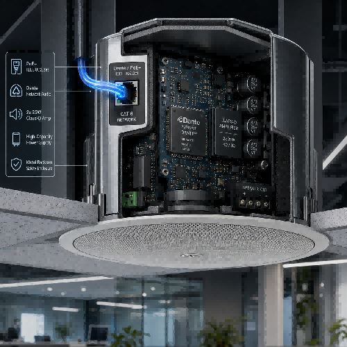 technical product cutaway displaying a Dante AoIP PoE+ active ceiling speaker connected via a single Cat6 Ethernet cable.