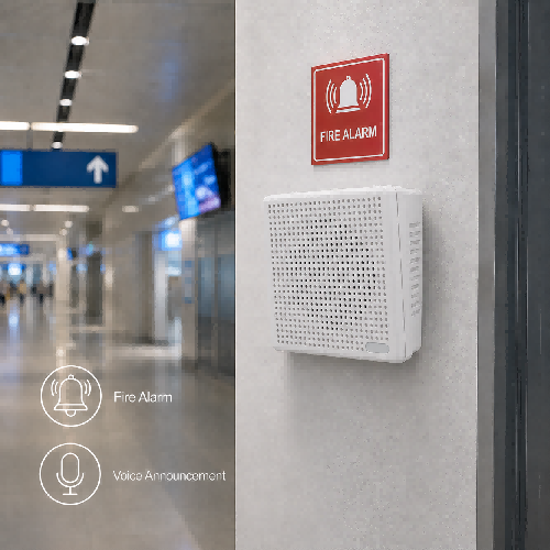 LECOVITA BWSC-3 commercial wall mount speaker installed in an office building corridor for voice paging and emergency evacuation notifications