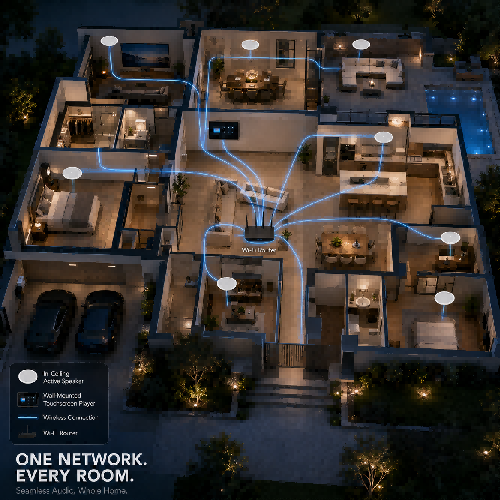 architectural visualization demonstrating a synchronized wireless multi-room Wi-Fi audio speaker network across a premium residential home layout.
