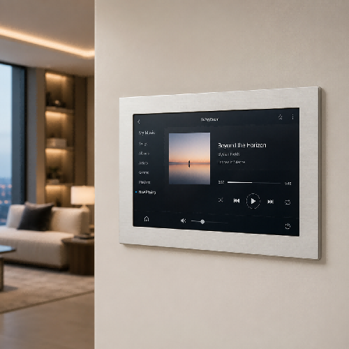 luxury smart home installation photo displaying an elegant, flush-mounted white touchscreen amplifier controlling whole-house architectural streaming audio.