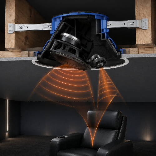 technical engineering diagram showing an angled in-ceiling speaker mounted to a pre-construction rough-in bracket directing spatial audio to cinema seating.