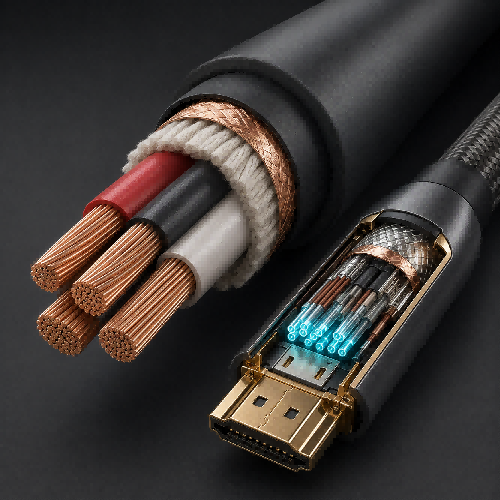 1:1 technical macro cross-section render of pure OFC in-wall speaker wire and an active optical HDMI 2.1 eARC cable showing internal conductor layers.