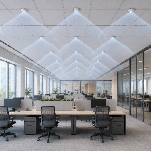 architectural office rendering displaying direct-field sound masking emitters providing uniform speech privacy coverage across an open-plan office