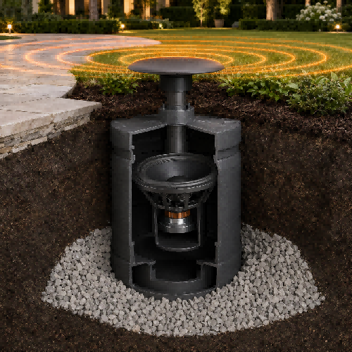 1:1 technical cross-section render of a direct-burial landscape subwoofer buried in soil on a gravel bed, radiating low frequencies via an above-ground canopy port.