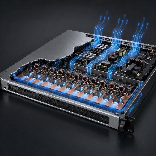 1:1 technical product cutaway illustration showcasing the internal GaN FET power stage and passive thermal cooling architecture of a 1U multi-channel amplifier.